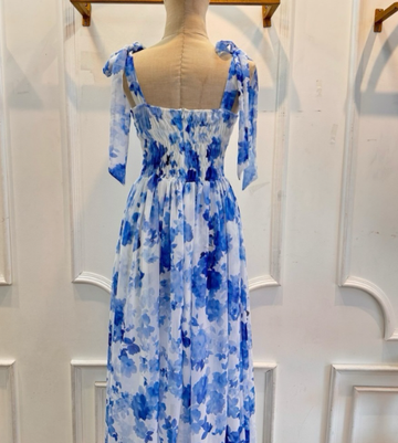 Blue Flower A Line Straps Chiffon Long Prom Dress with Slit HZ1023